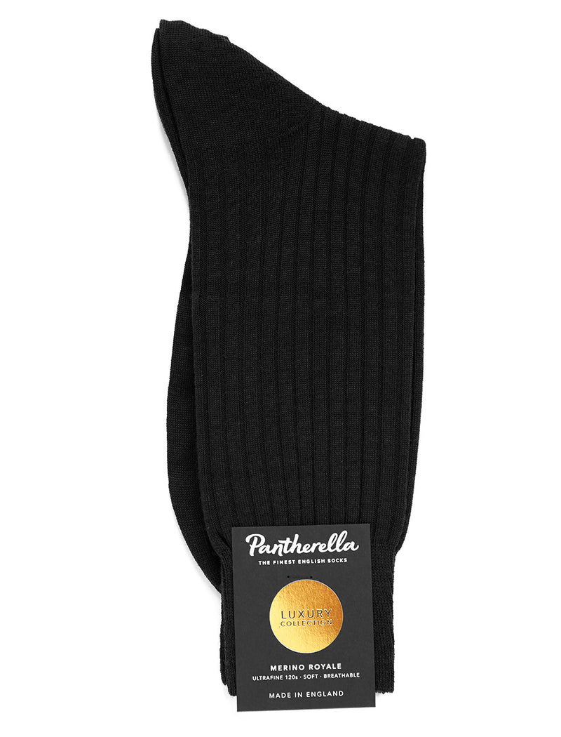 PANTHERELLA Rutherford 5X3 Rib Merino Royale Wool Men's Socks In Black