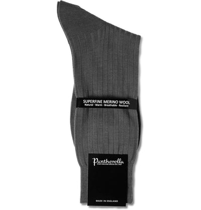 PANTHERELLA (LONG) ‘Over the Calf’ Laburnum Ribbed Merino Wool-Blend Socks in Dark Grey