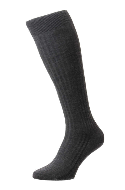 PANTHERELLA (LONG) ‘Over the Calf’ Laburnum Ribbed Merino Wool-Blend Socks in Dark Grey