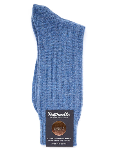 Pantherella Stanton Textured Rib Recycled Cashmere Mens Socks in Denim