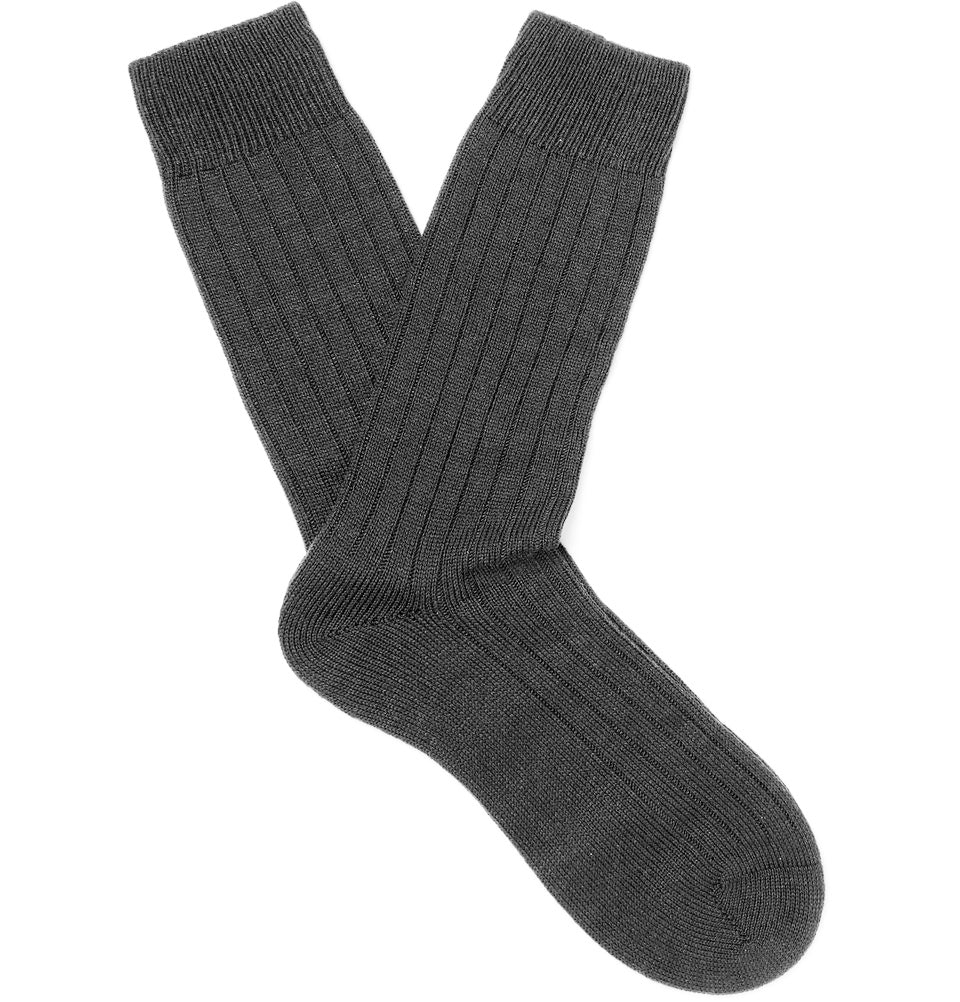 PANTHERELLA Packington Ribbed Merino Wool-Blend Socks in Dark Grey