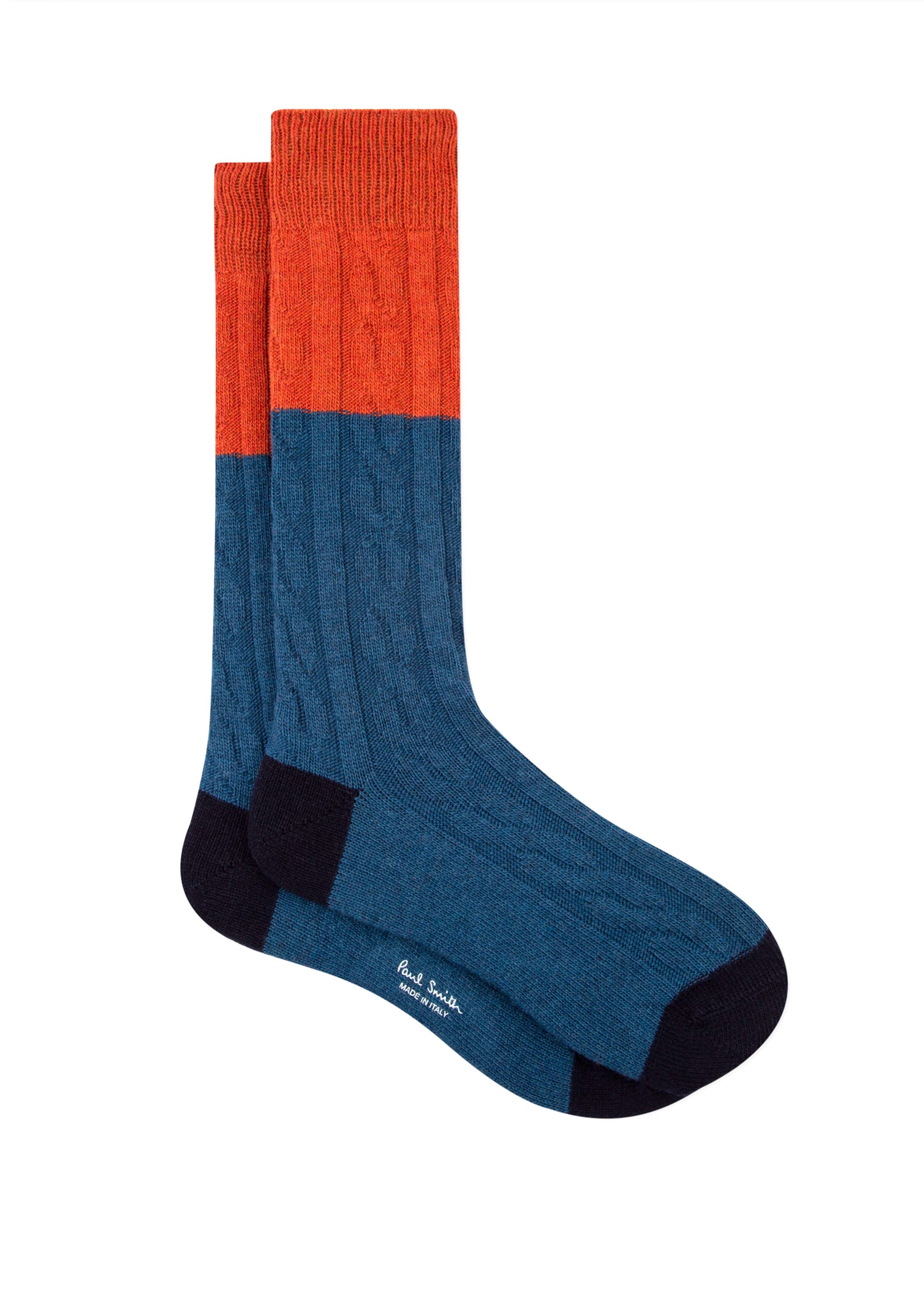 PAUL SMITH Colour Block Cable Knit Socks in Orange / Blue