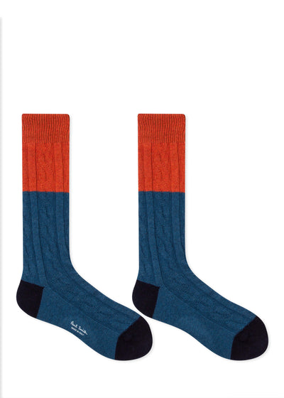 PAUL SMITH Colour Block Cable Knit Socks in Orange / Blue