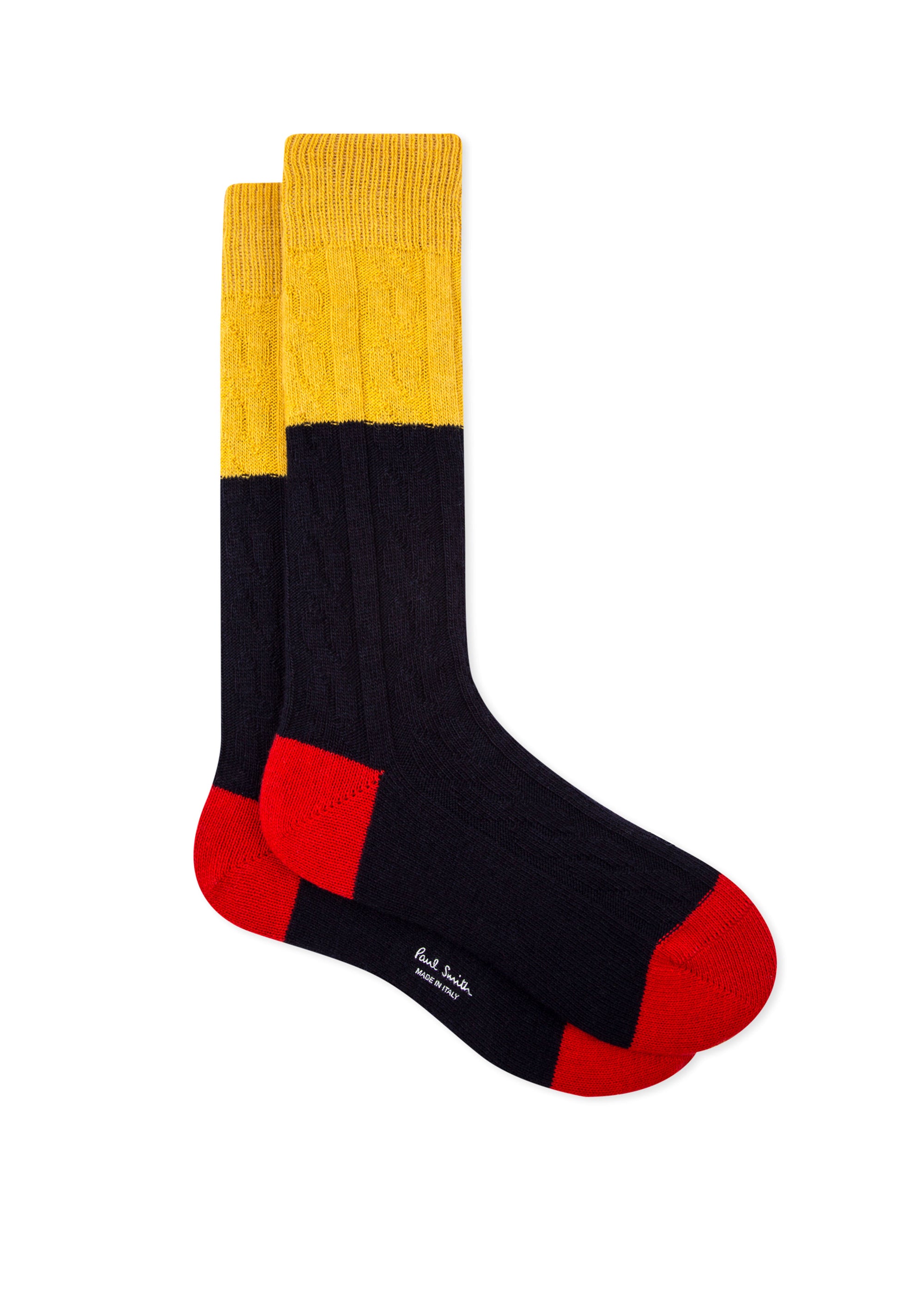 PAUL SMITH Colour Block Cable Knit Socks in Yellow / Navy