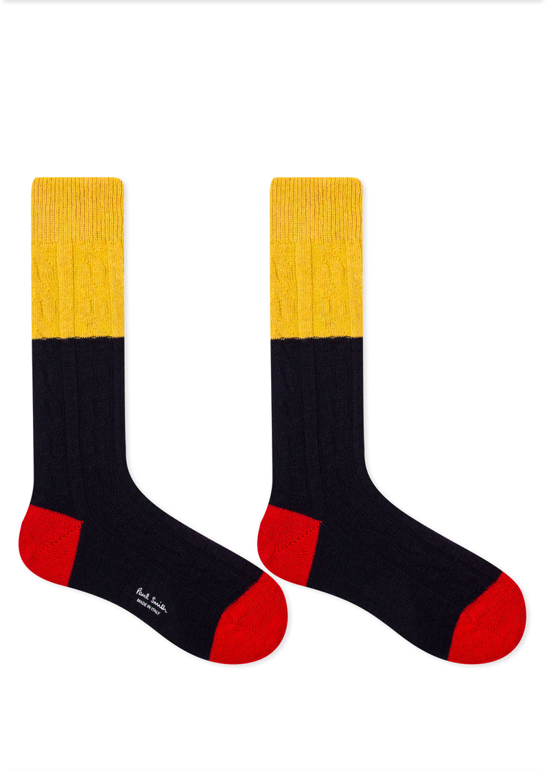 PAUL SMITH Colour Block Cable Knit Socks in Yellow / Navy