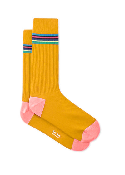 PAUL SMITH Men's 'Cycle Stripe' Trim Mustard Ribbed Socks